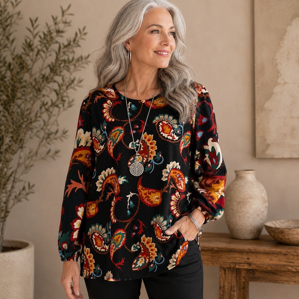 Chicos Womens Paisley Floral Tunic Top Sz 3 XL Black Boho Stretch Long Sleeve‎